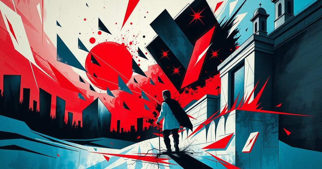 An abstract political landscape depicting transformation, chaos, and power dynamics with bold colors and sharp contrasts.