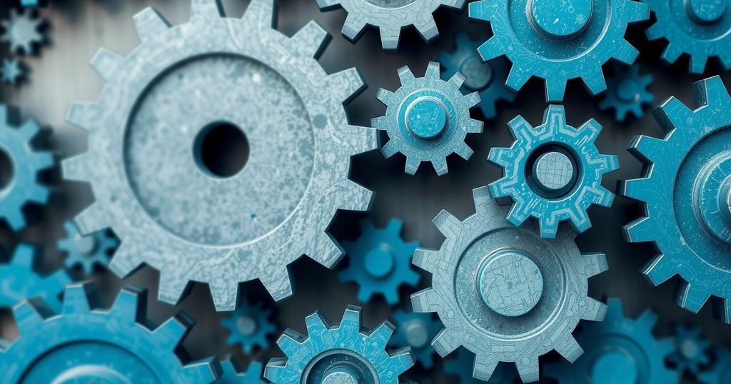 A symbolic representation of changing political dynamics with abstract elements like gears symbolizing government and technology.