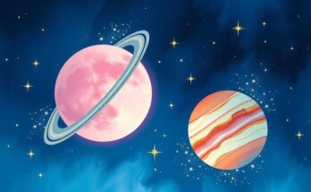 Celestial imagery depicting planets Venus and Jupiter in vibrant colors, creating a romantic cosmic atmosphere.