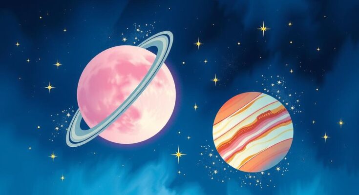 Celestial imagery depicting planets Venus and Jupiter in vibrant colors, creating a romantic cosmic atmosphere.