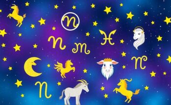A cosmic scene with star signs and symbols reflecting personality traits and characteristics of the zodiac.