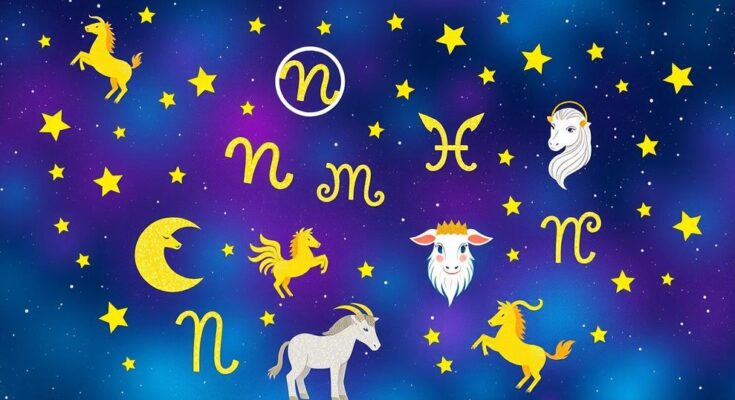 A cosmic scene with star signs and symbols reflecting personality traits and characteristics of the zodiac.