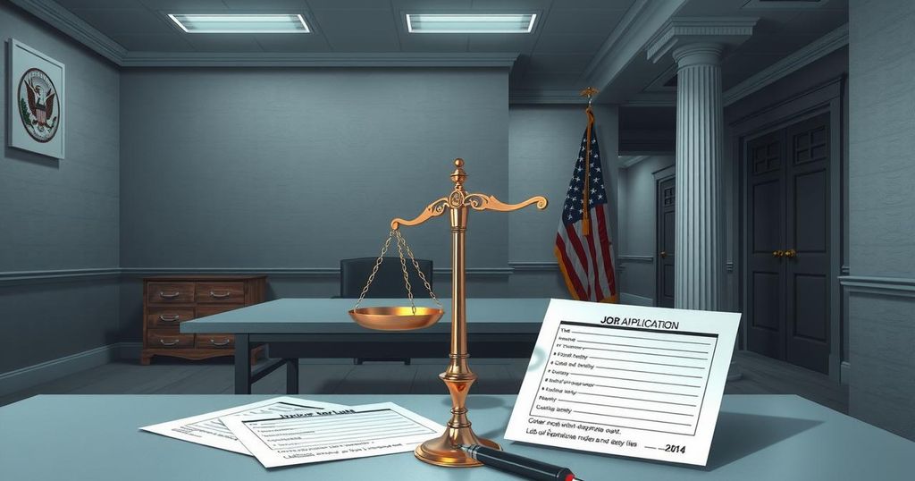 A conceptual artwork illustrating a government office with faded symbols of neutrality, emphasizing loyalty and change.