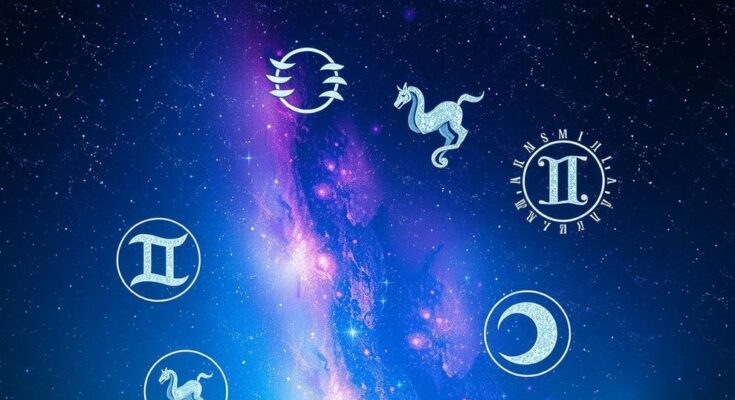 A cosmic scene featuring vibrant astrological symbols aligned in a celestial background of deep blues and purples.