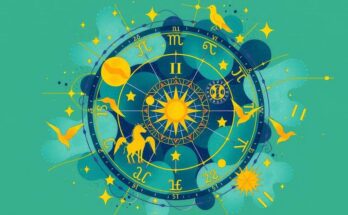 Colorful horoscope chart symbolizing career growth and energy with zodiac signs and astrological elements.
