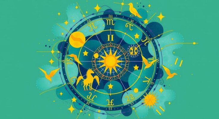 Colorful horoscope chart symbolizing career growth and energy with zodiac signs and astrological elements.