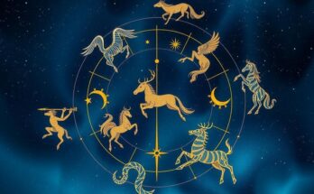 Celestial illustration of zodiac signs in constellation pattern, with a cosmic background in deep blue and gold tones.