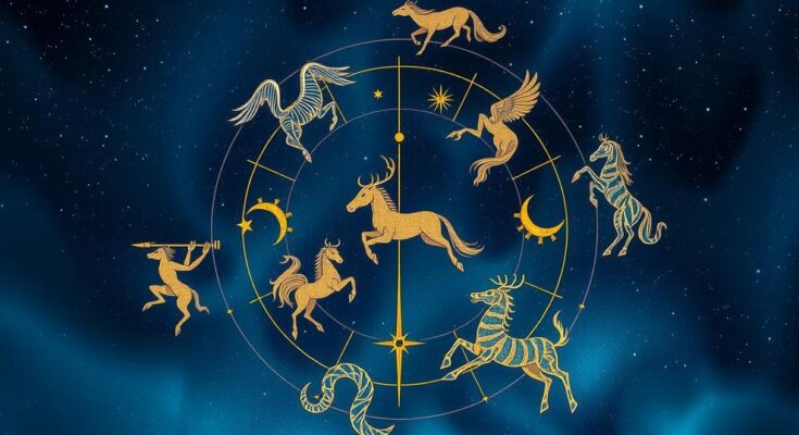 Celestial illustration of zodiac signs in constellation pattern, with a cosmic background in deep blue and gold tones.