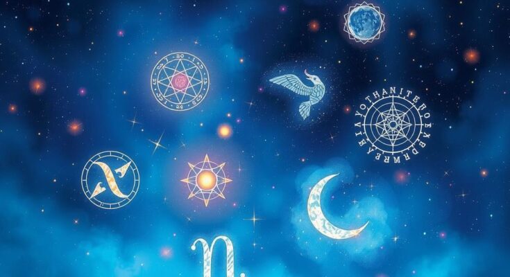Astrological symbols with celestial imagery representing insights and horoscopes for the week ahead.