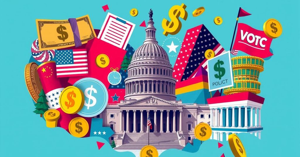Иллюстрация с символами денег, политики и финансов в США, стилизованная под поп-арт, яркими цветами.