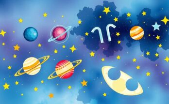 A vibrant celestial scene with zodiac symbols, colorful stars, and planets aligning in a dreamy sky.