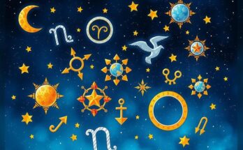 Colorful astrological symbols floating in a starry night sky, representing daily horoscopes and celestial guidance.