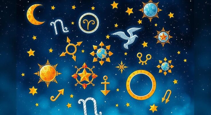 Colorful astrological symbols floating in a starry night sky, representing daily horoscopes and celestial guidance.
