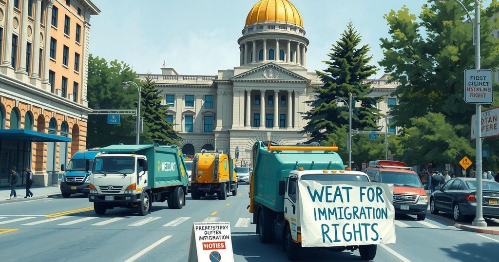 Traffic blocked by garbage trucks as protesters rally for immigration rights outside the New York State Capitol.
