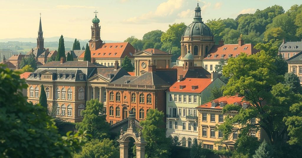 A scenic view of a historic city with lush greenery and classic architecture, symbolizing civic order and democracy.