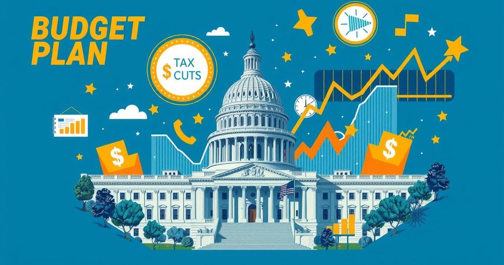 Political debate over budget plan with visuals of Capitol Hill and financial graphs representing tax cuts and spending.