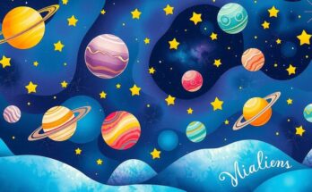 A whimsical astrological scene with colorful zodiac symbols and planets, celebrating cosmic curiosity and personal growth.