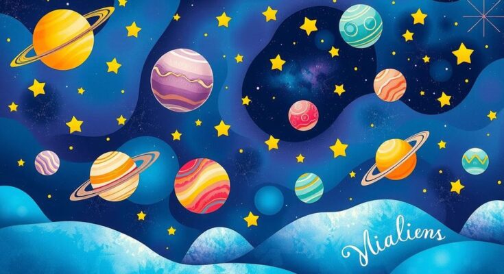 A whimsical astrological scene with colorful zodiac symbols and planets, celebrating cosmic curiosity and personal growth.