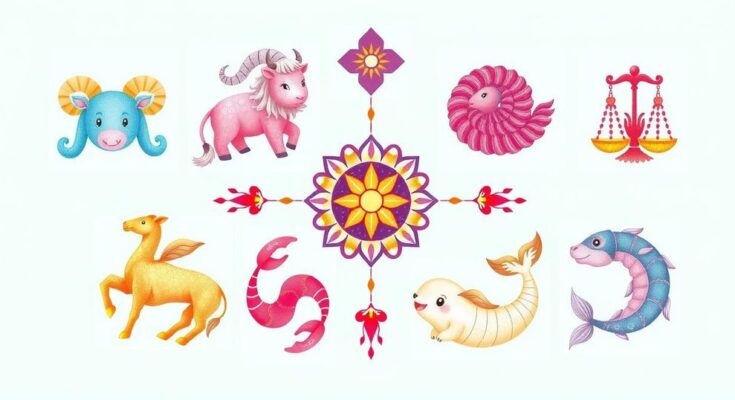Zodiac symbols set in vibrant colors representing each sign's unique characteristics and traits for a weekly horoscope.