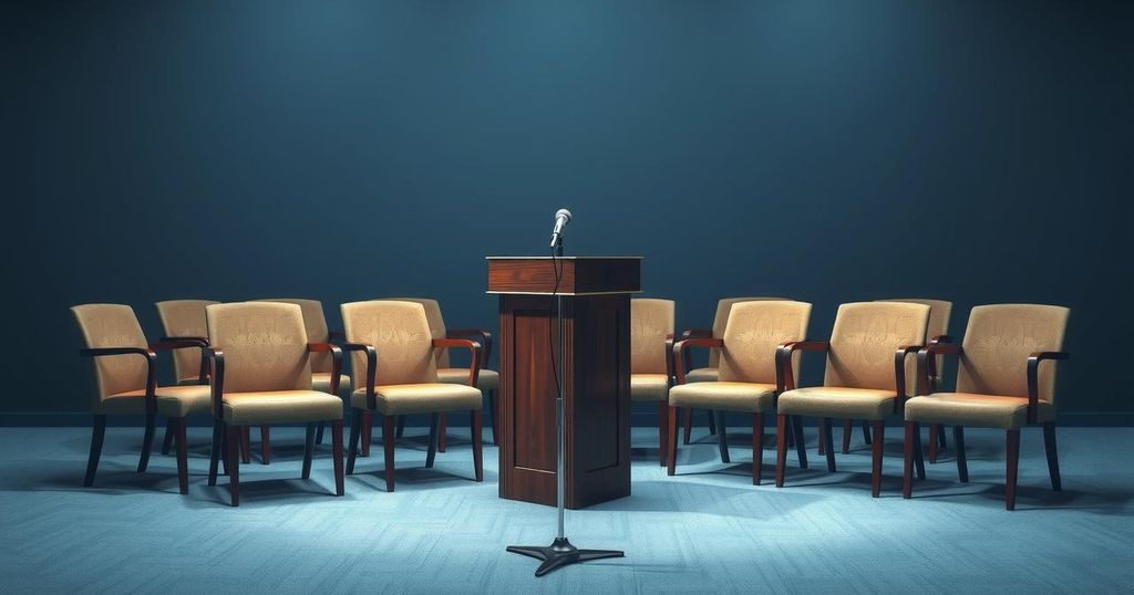 A political debate scene with a podium, microphones, and empty chairs, illustrating a tense political atmosphere.