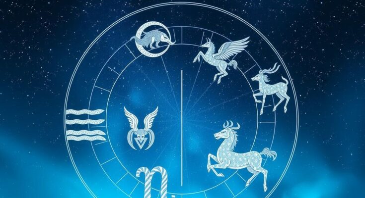 Astrological chart with zodiac signs against a starry night background, featuring calming blue and silver tones.