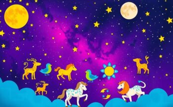 Celestial illustration depicting zodiac signs under a starry sky, symbolizing June astrology and cosmic transitions.