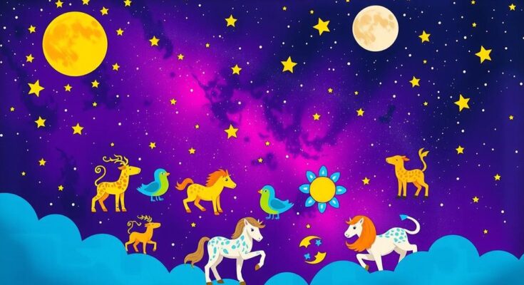 Celestial illustration depicting zodiac signs under a starry sky, symbolizing June astrology and cosmic transitions.