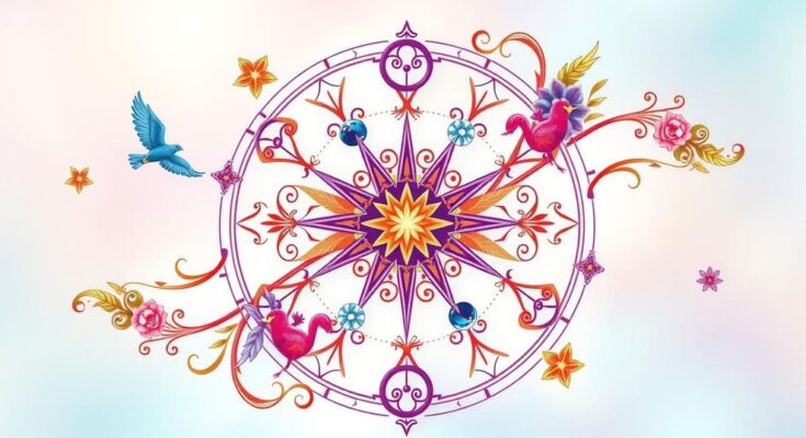 Colorful zodiac symbols representing astrology and the twelve signs in a harmonious layout.