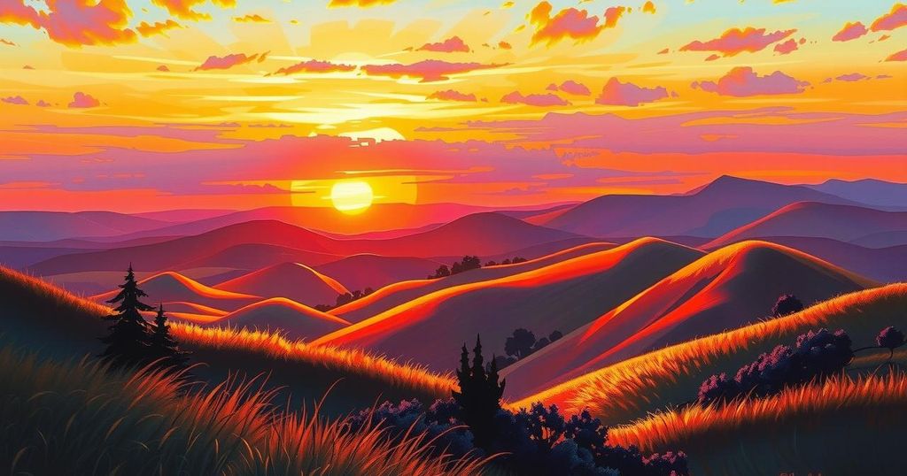 A California landscape with a majestic sunset, symbolizing political ambition and shifting perspectives.
