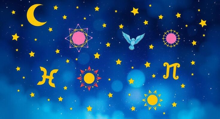A vibrant celestial scene depicting zodiac symbols with bright colors and artistic constellations.