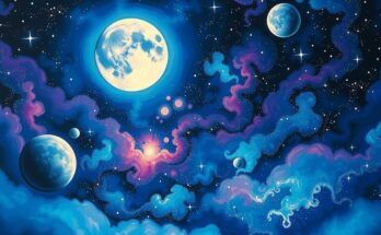 Vibrant celestial scene depicting the lunar influence on emotions and connections, with rich blues, purples, and white stars.