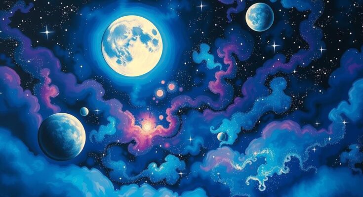 Vibrant celestial scene depicting the lunar influence on emotions and connections, with rich blues, purples, and white stars.