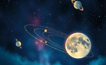 Celestial scene depicting cosmic energy, Sagittarius new moon, and retrograde planets in a vibrant color palette.