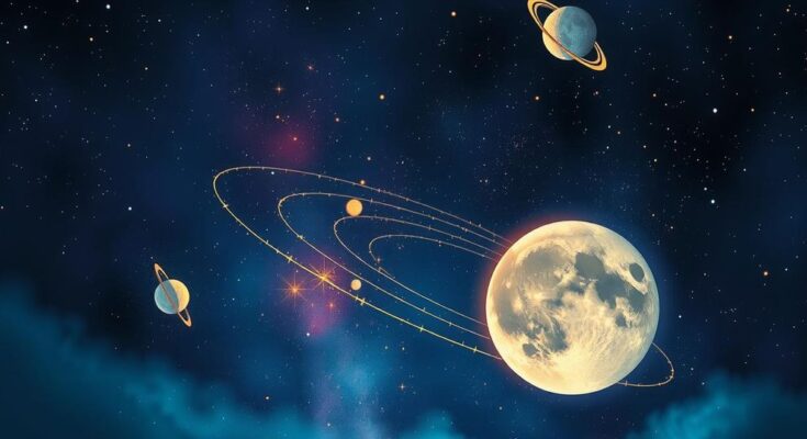 Celestial scene depicting cosmic energy, Sagittarius new moon, and retrograde planets in a vibrant color palette.