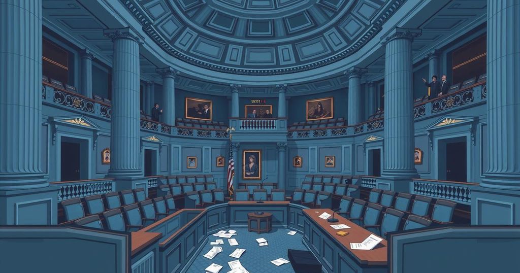 A Senate chamber with empty seats and scattered papers, illustrating political debate and budget discussions.