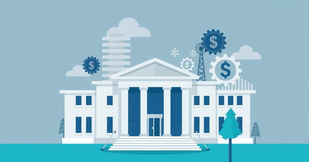 A conceptual scene showing government buildings and financial elements symbolizing economic changes, with a muted color palette.