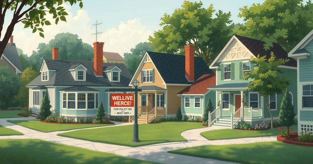 A serene landscape featuring a quiet neighborhood with no political signs, symbolizing independence in thought.