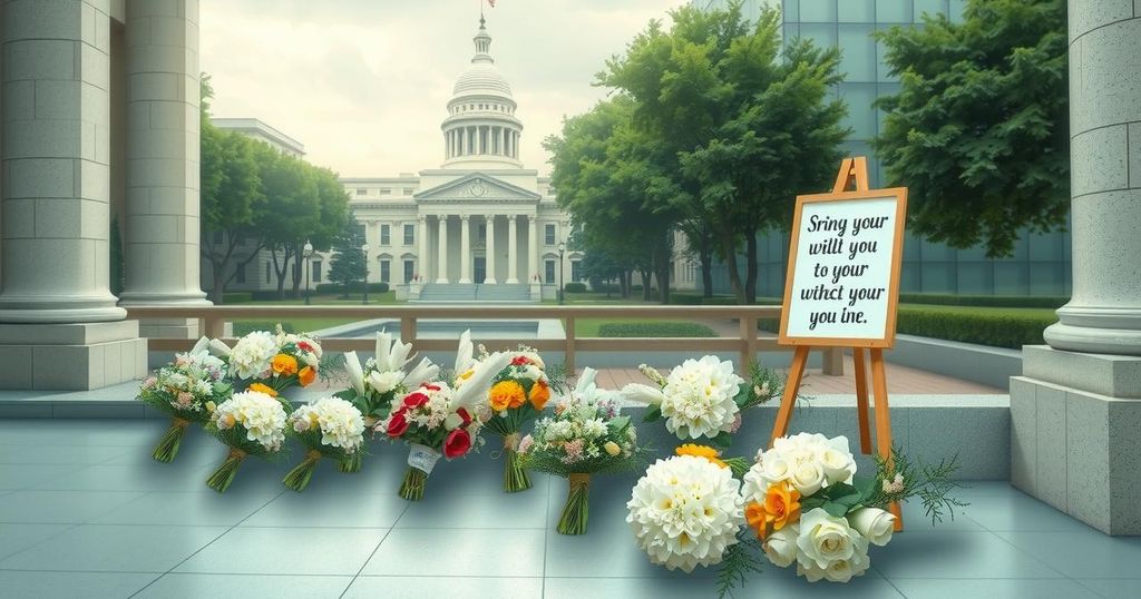 A somber memorial with flowers and encouraging signs in a quiet governmental space, representing unity and hope.