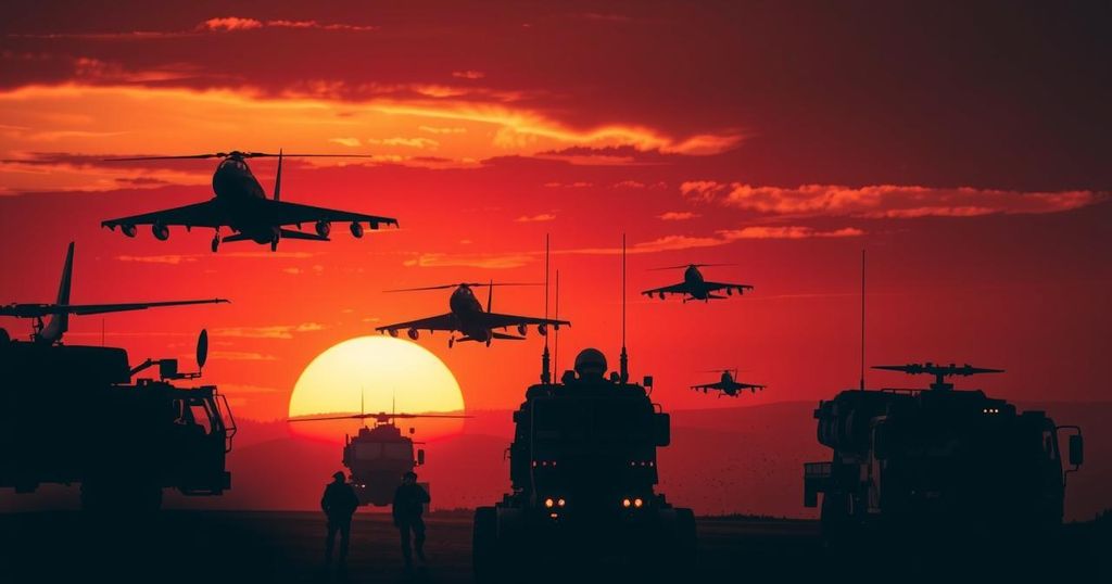 Silhouetted military vehicles and aircraft against a sunset, symbolizing tensions in geopolitical conflict.