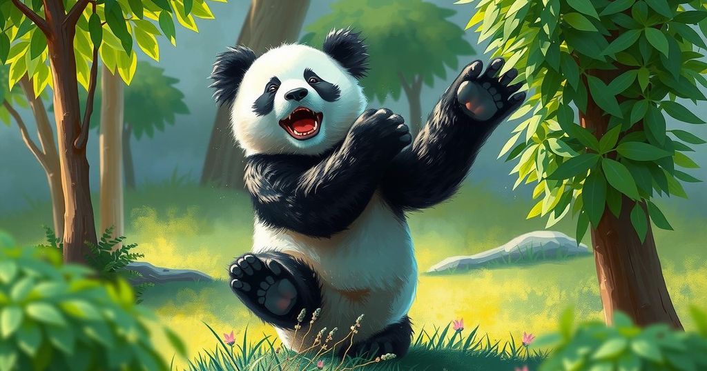 A panda playing in a zoo with lush greenery, showcasing the beauty of wildlife and conservation.