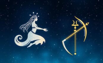 Astrological symbols for Virgo and Sagittarius surrounded by celestial motifs and a starry night sky.