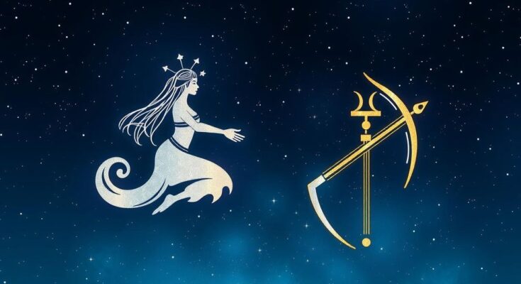 Astrological symbols for Virgo and Sagittarius surrounded by celestial motifs and a starry night sky.