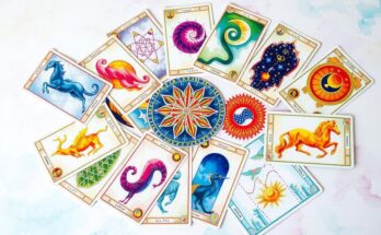 Tarot cards representing zodiac signs with vibrant colors and a mystical theme, symbolizing astrology and fortune.