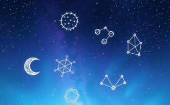 A peaceful cosmic scene with glowing stars and astrological symbols, highlighting growth and emotional connections.