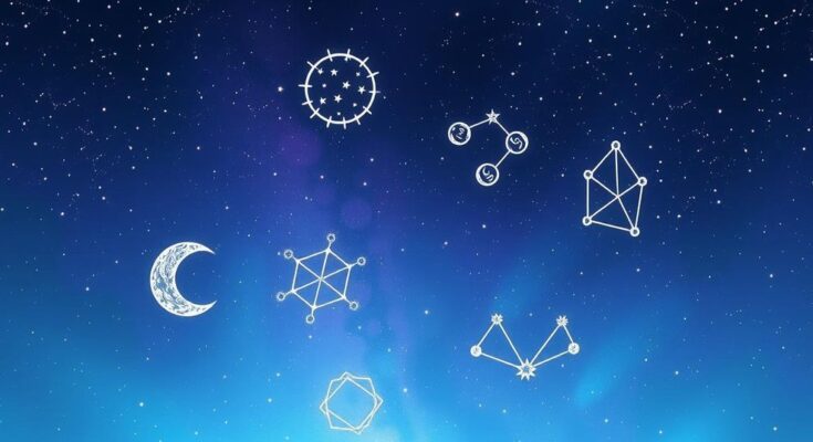 A peaceful cosmic scene with glowing stars and astrological symbols, highlighting growth and emotional connections.