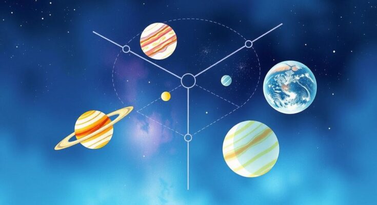 Celestial imagery featuring planets and stars, conveying energetic harmony and creativity in astrology.
