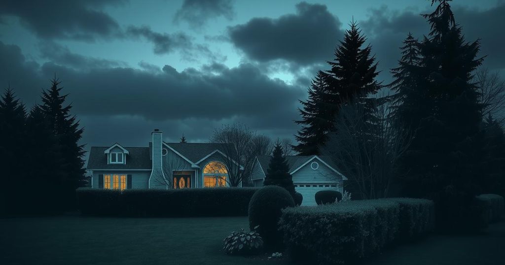 A somber landscape depicting a quiet suburban home under a twilight sky with muted colors and shadowy outlines.