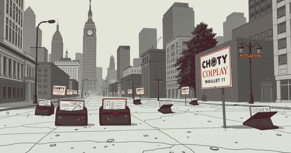 A desolate cityscape depicting empty wallets and fading campaign signs in muted colors, symbolizing financial withdrawal.