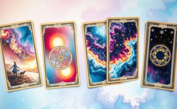 Illustration of tarot cards with mystical symbols and zodiac signs against a cosmic background in soft pastels.