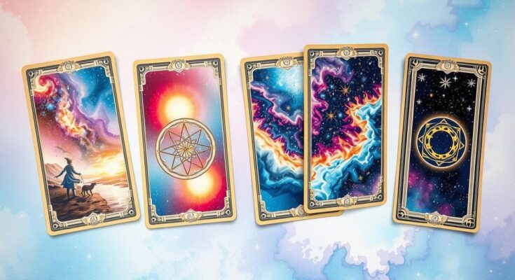 Illustration of tarot cards with mystical symbols and zodiac signs against a cosmic background in soft pastels.